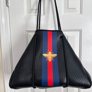 Black Tote Bag with Blue and Red Stripe and Gold Bee Accent